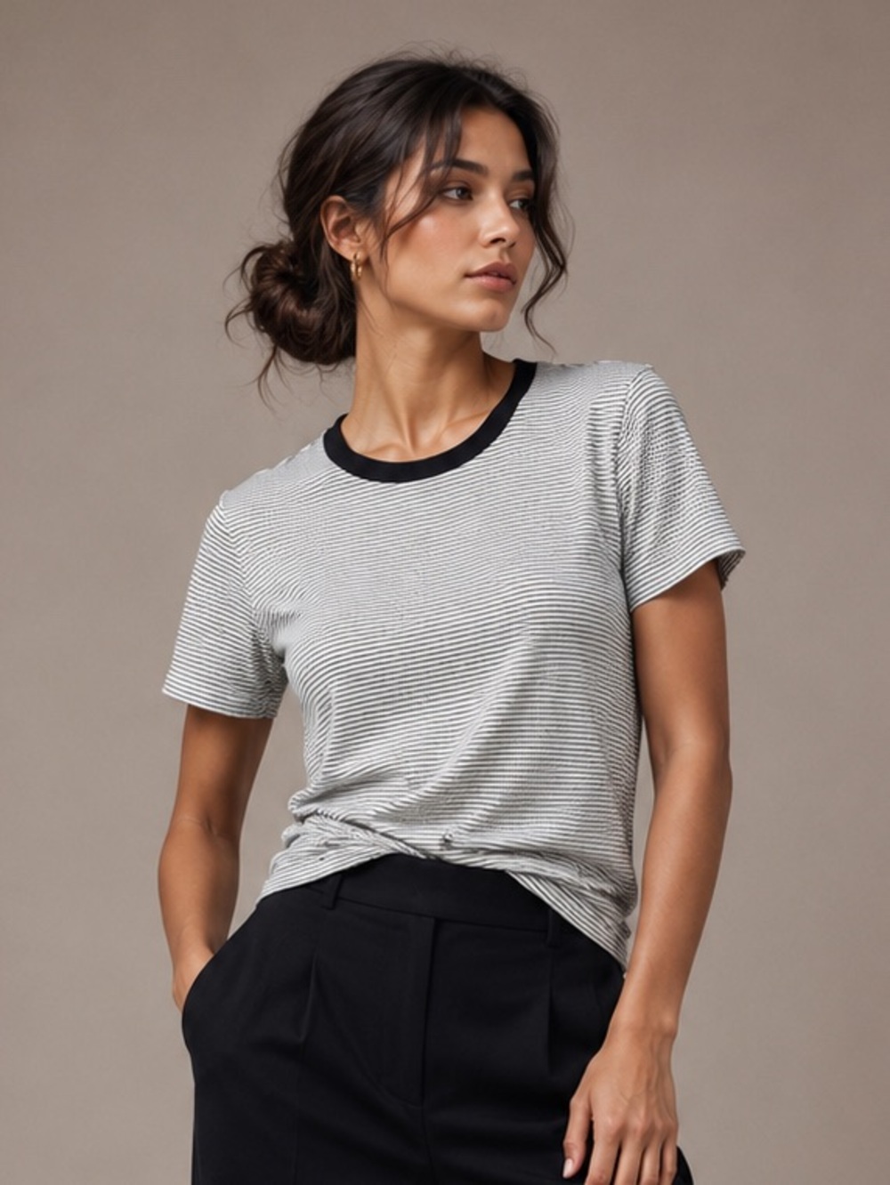 LA Made Black White Striped Ribbed Crew Neck T Shirt Twist Back